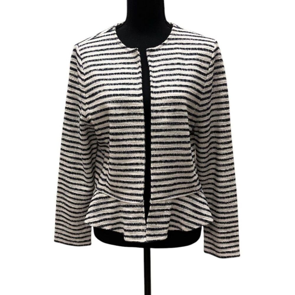 LOFT Blue & Cream Striped Open Jacket Cardigan Long Sleeve Sz Petite M